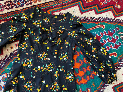 Vintage 1970s Black Floral Maxi Dress