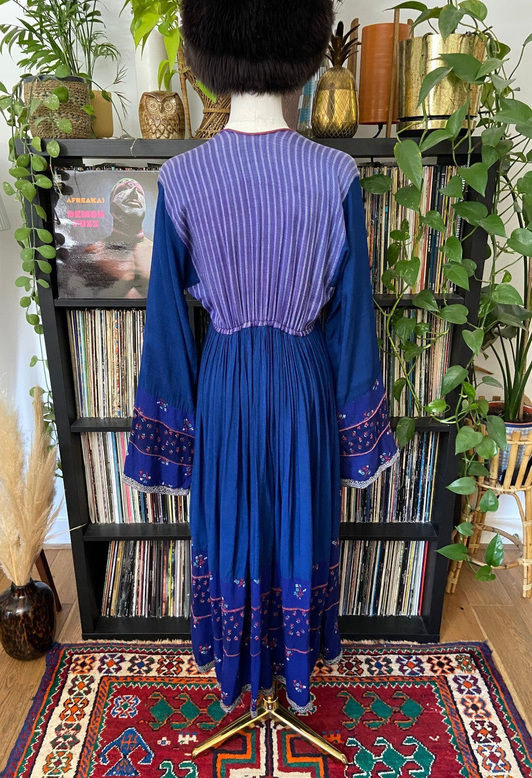 Vintage 1970s Blue & Green Bib Afghan Dress