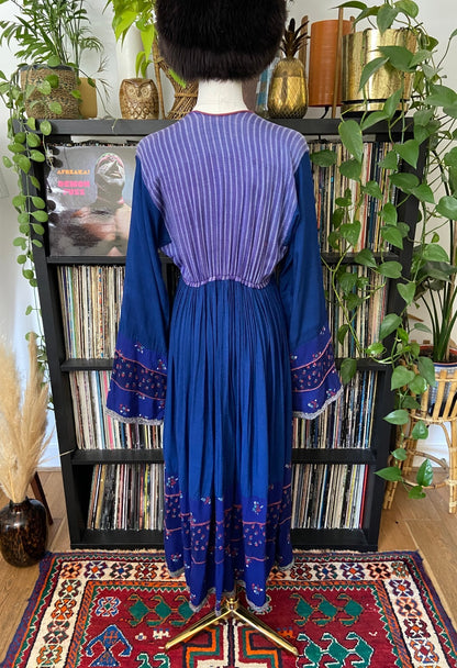 Vintage 1970s Blue & Green Bib Afghan Dress