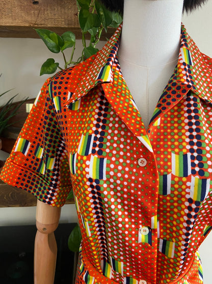 Vintage 1970s Orange Retro Print Belted Shirt