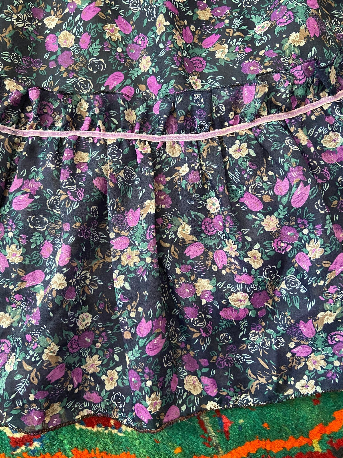 Vintage 1970s Navy & Purple Floral Prairie Dress