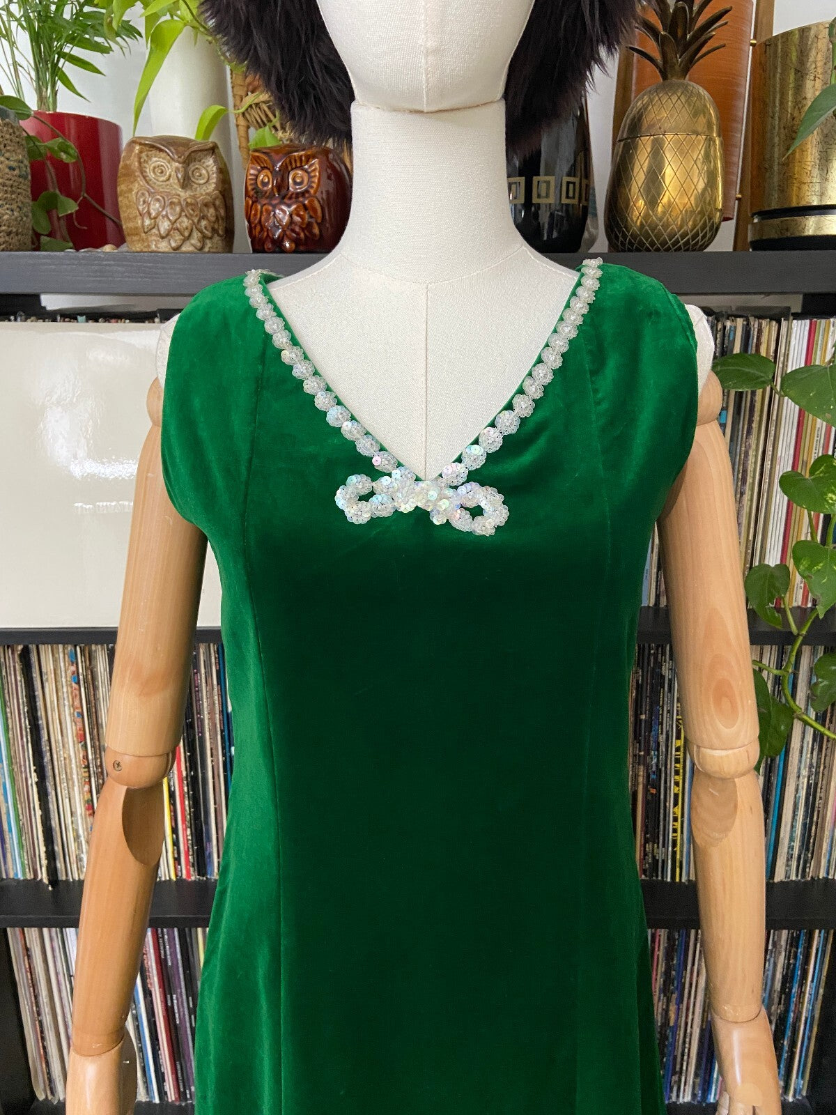 Vintage 1960s Green Velvet Shift Dress