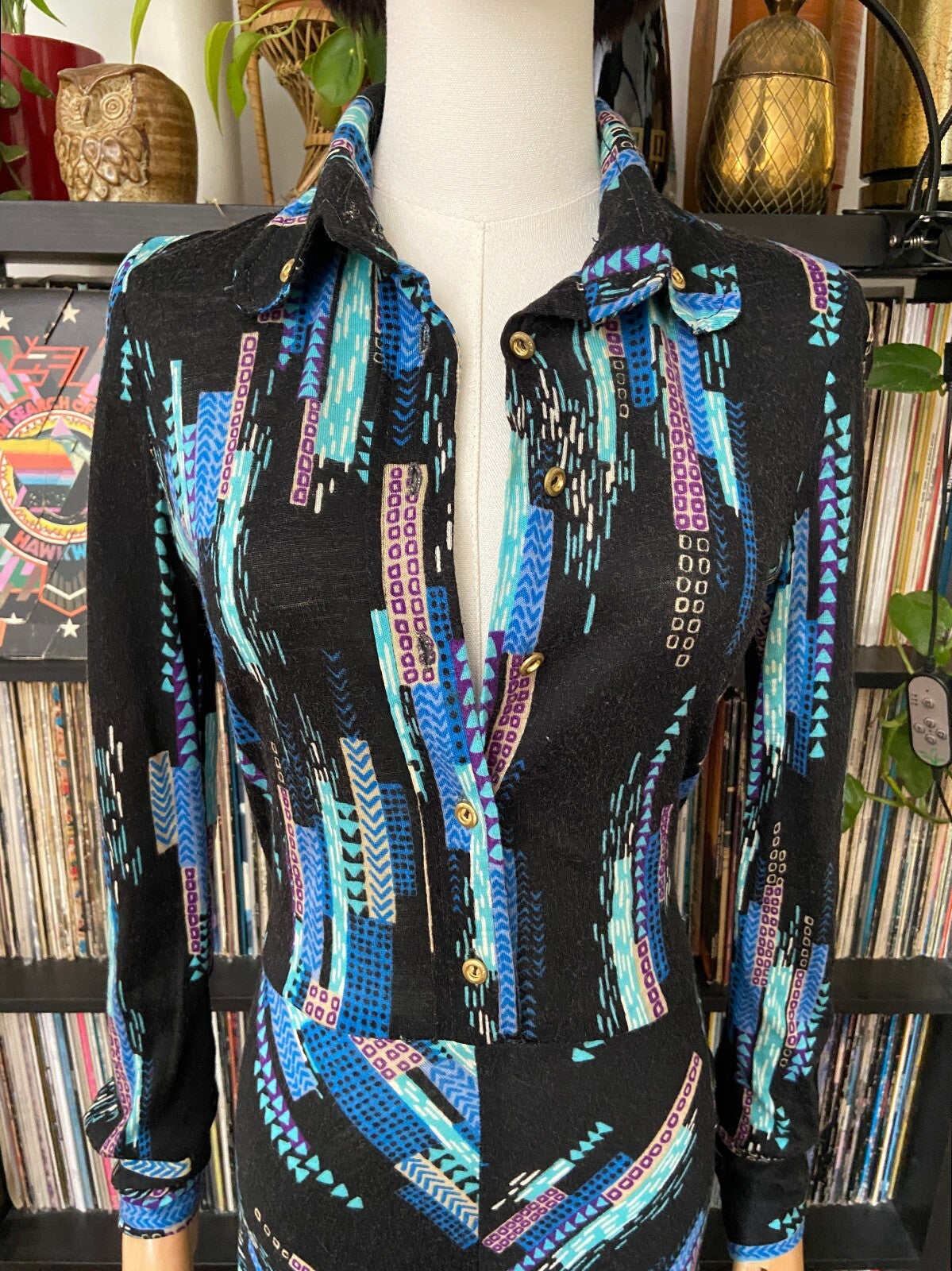 Vintage 1970s Black & Blue Printed Shirt Dress