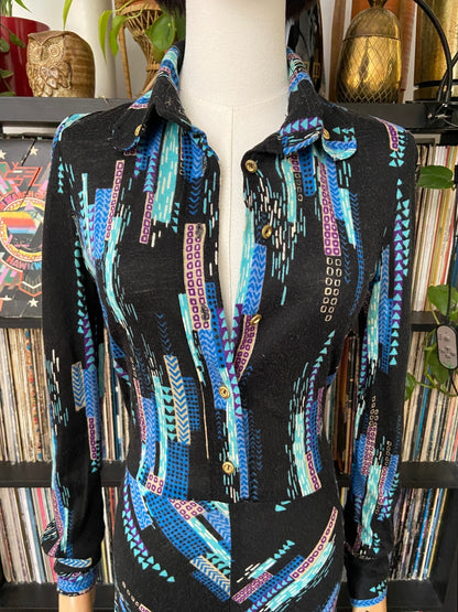 Vintage 1970s Black & Blue Printed Shirt Dress