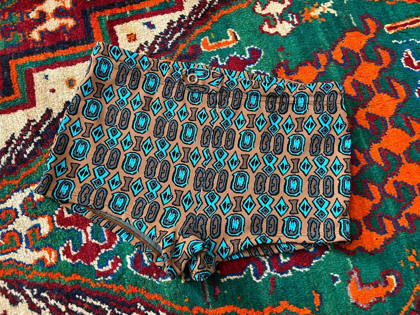 Vintage 1970s Brown & Turquoise Print Swim Shorts