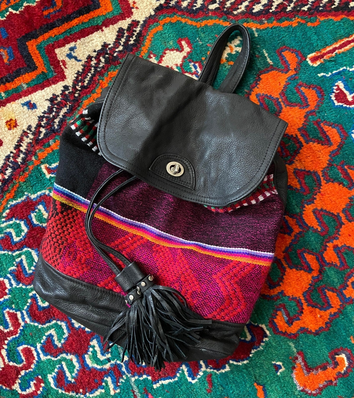 Sabrina Tach Black Leather Pink Fabric Backpack