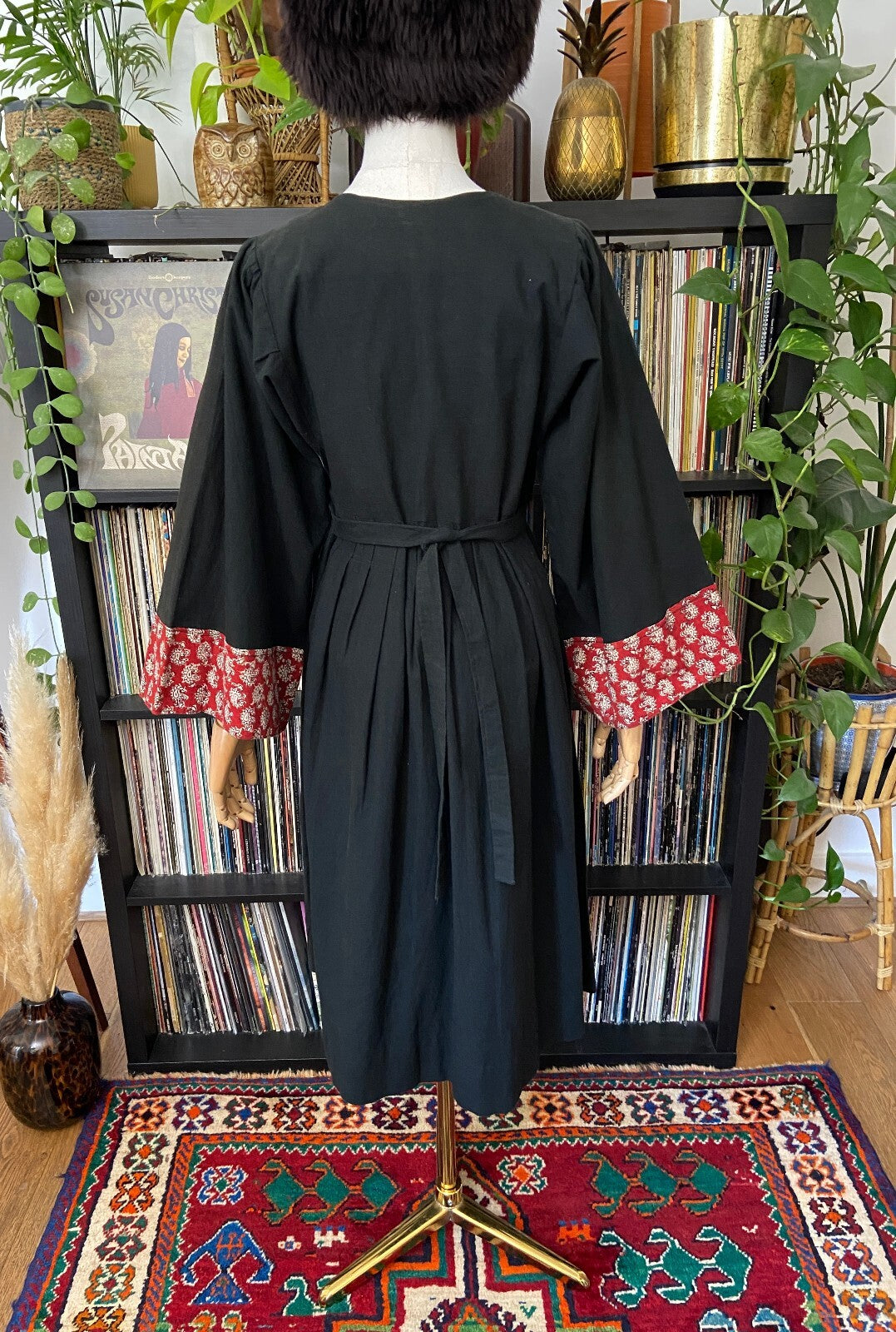 Vintage 1970s Black Indian Cotton Block Print Dress