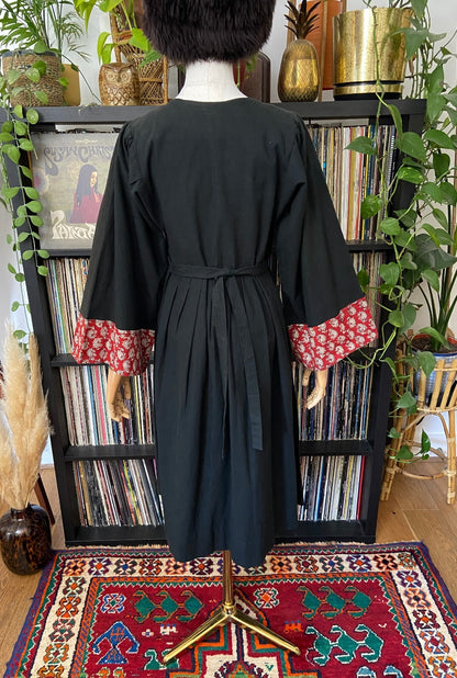 Vintage 1970s Black Indian Cotton Block Print Dress