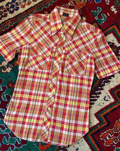 Vintage 1970s Deadstock Red & Yellow Dagger Collar Shirt