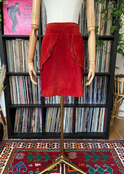 Vintage 1970s Red Suede Fringed Mini Skirt