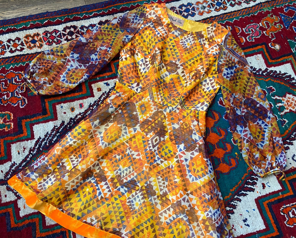 Vintage 1970s Vera Mont Orange Print Mini Dress