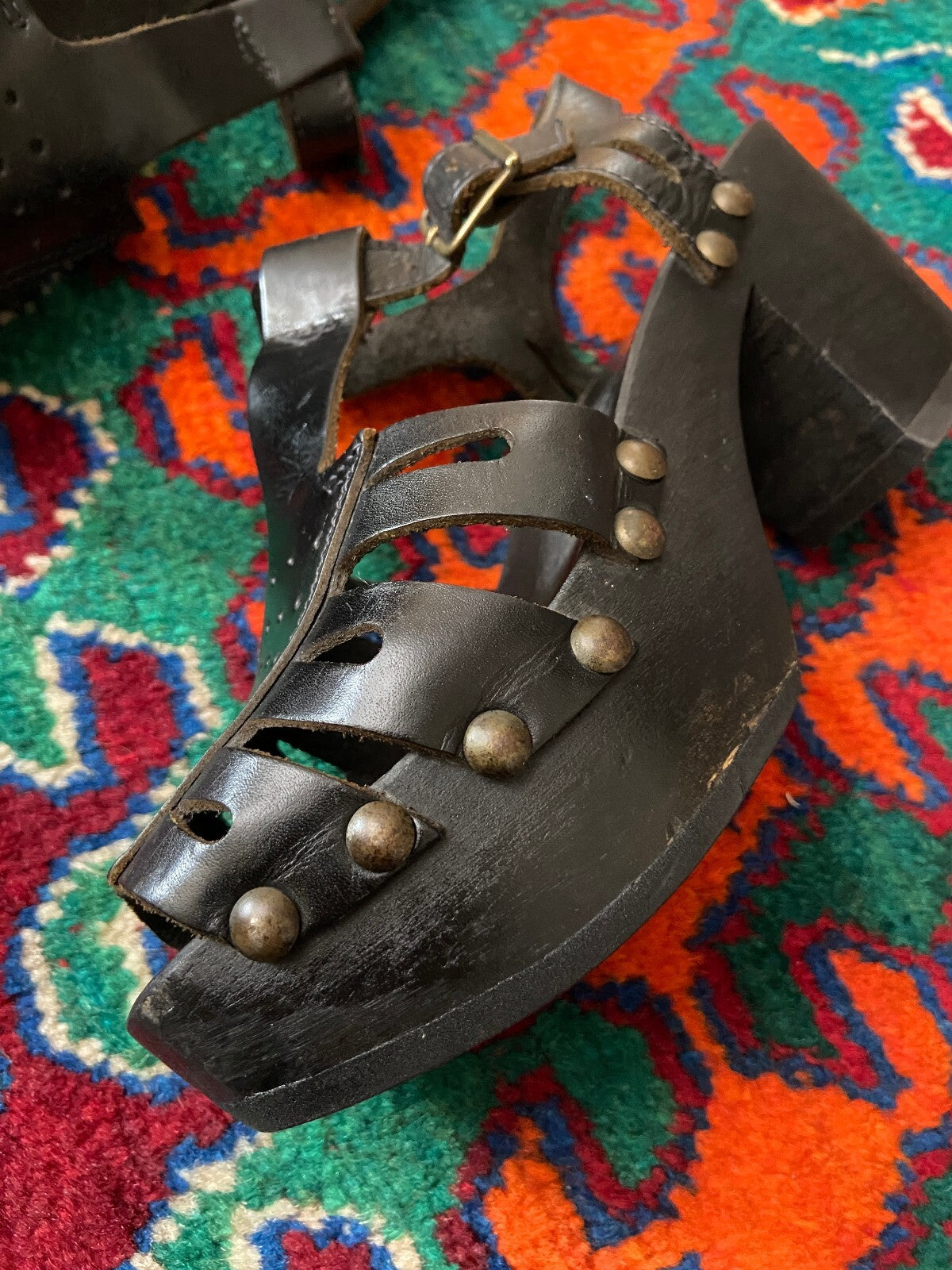 Vintage 1970s Black Studded Clog Sandals UK 3 - 3.5