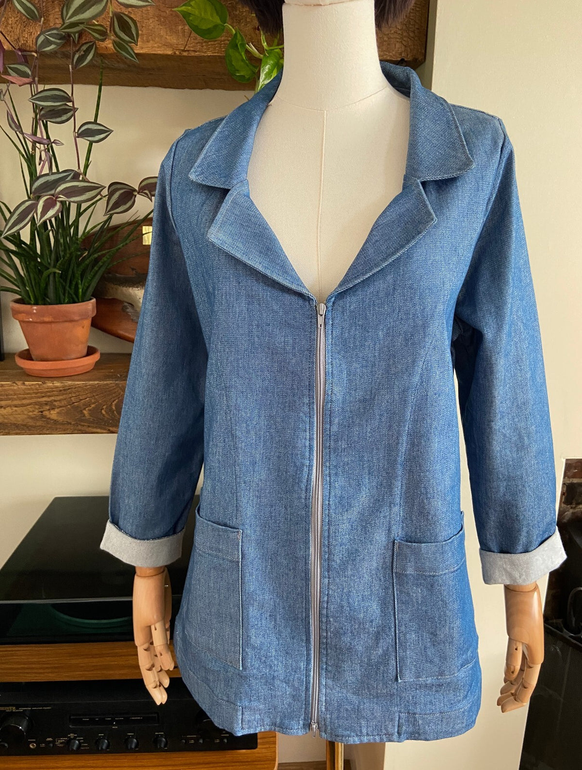 Vintage Blue Denim Zip Up Utility Jacket