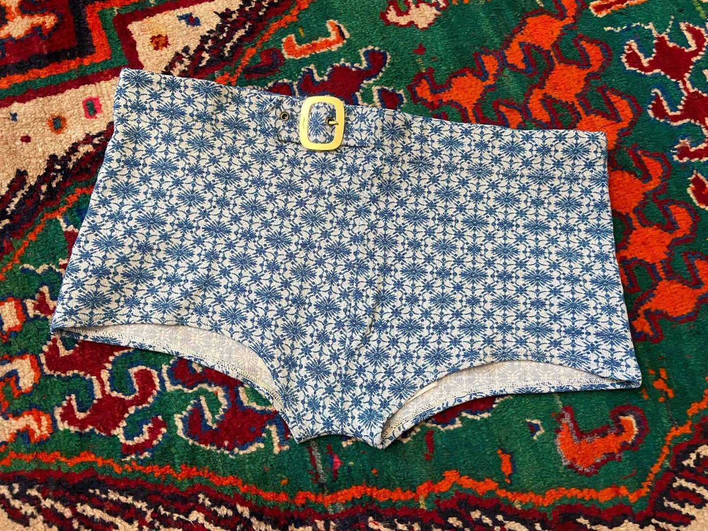 Vintage 1970s Blue Textured Print Swim Shorts