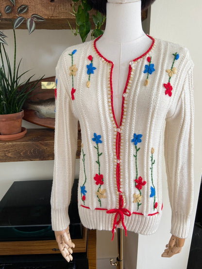 Vintage 1980s Cream Embroidered Folk Cardigan
