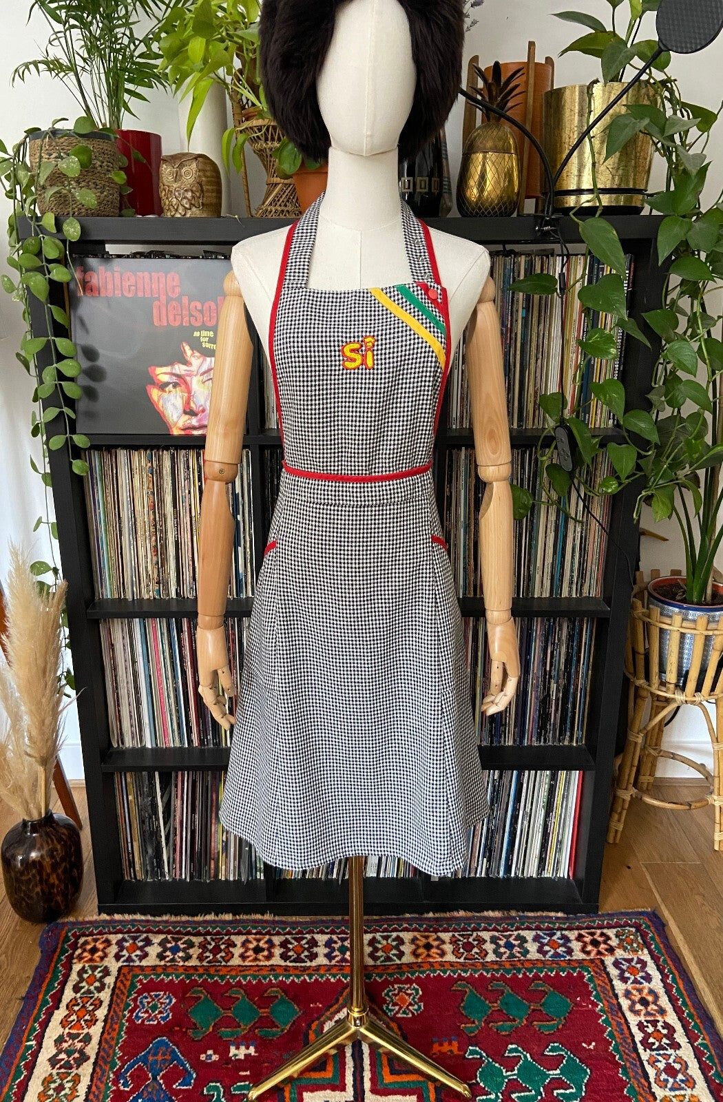 Vintage 1970s Black & White Houndstooth Apron Dress