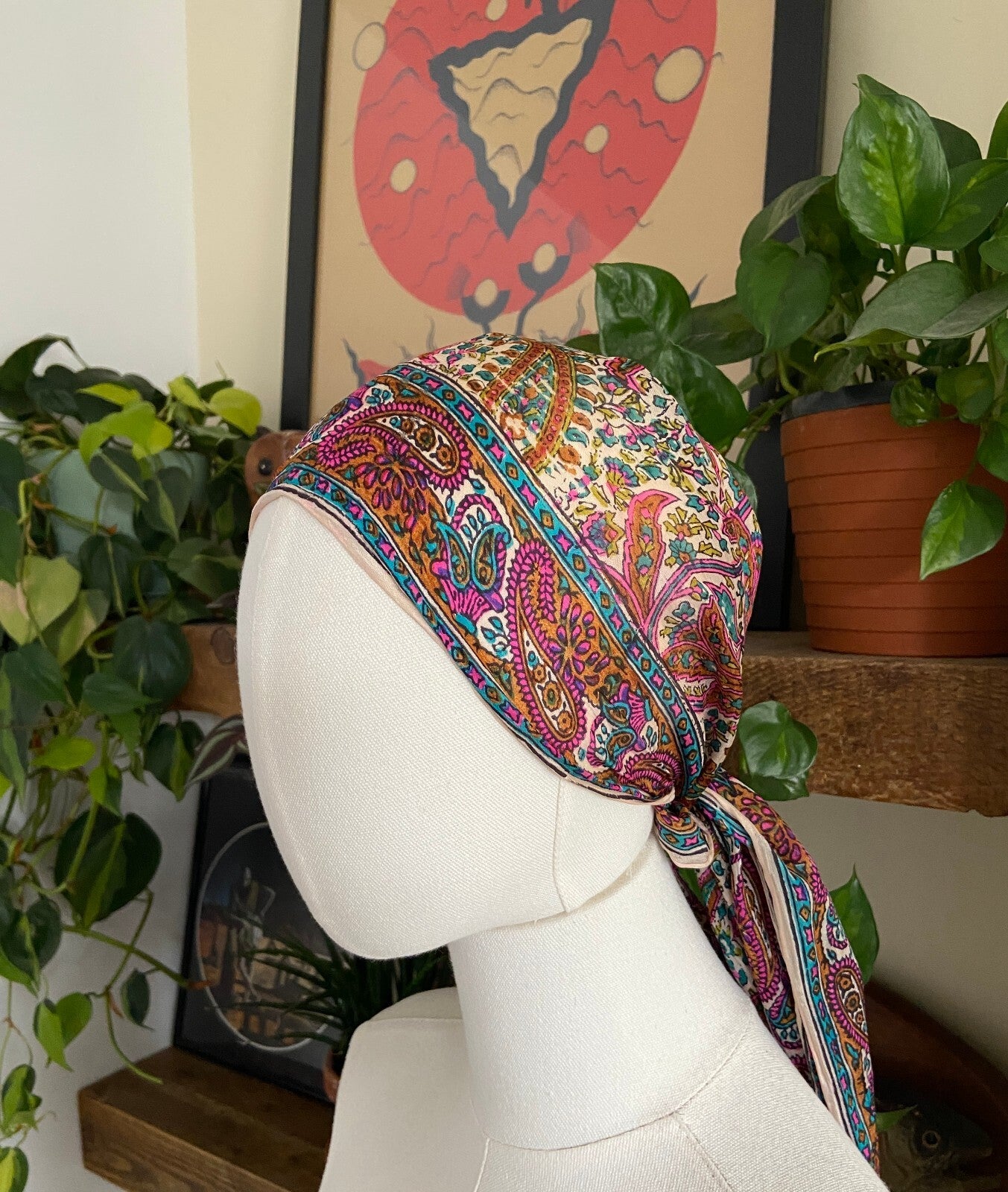 Vintage 1970s Paisley Indian Block Print Scarf