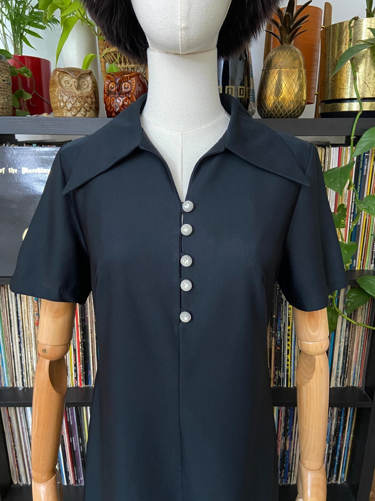 Vintage 1970s Black & Silver Embroidered Dagger Collar Dress