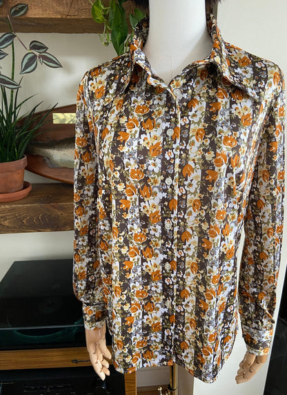 Vintage 1970s Warm Floral Dagger Collar Shirt