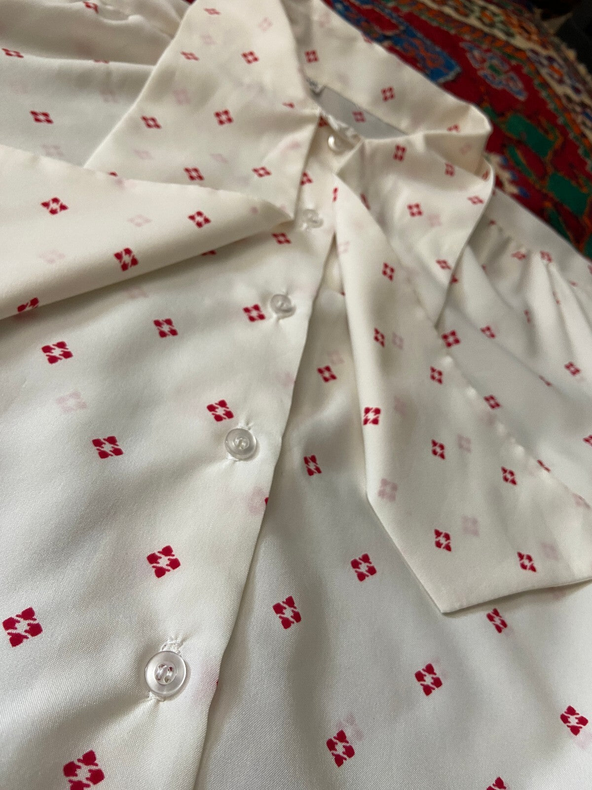 Vintage 1970s Cream & Red Pussybow Blouse