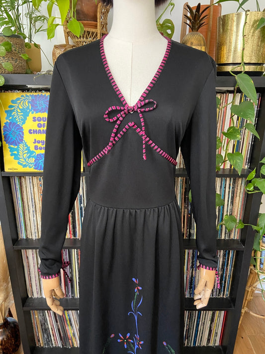 Vintage 1970s Black Folk Print Maxi Dress