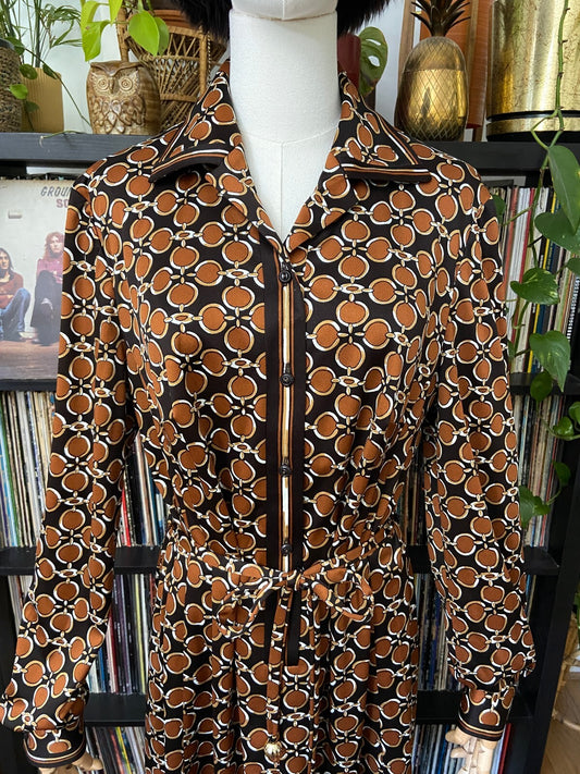 Vintage 1970s Brown Retro Print Shirt Dress
