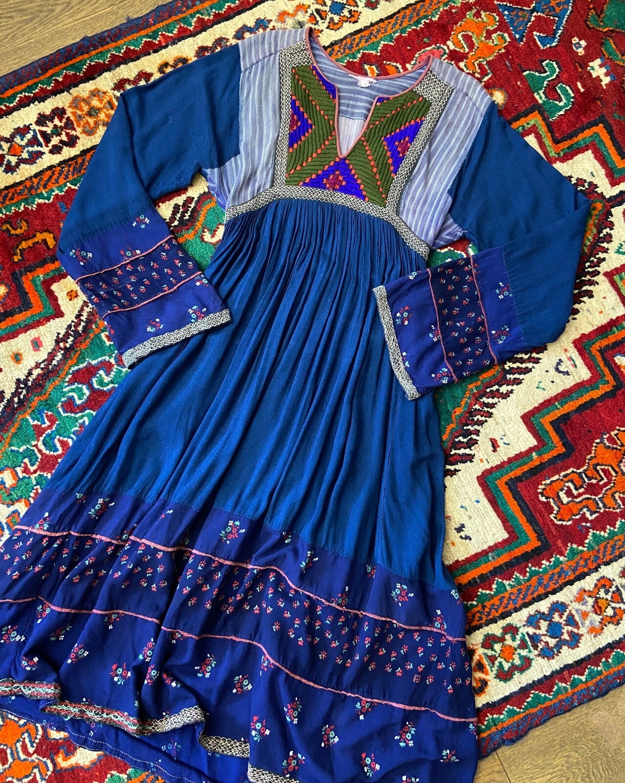 Vintage 1970s Blue & Green Bib Afghan Dress