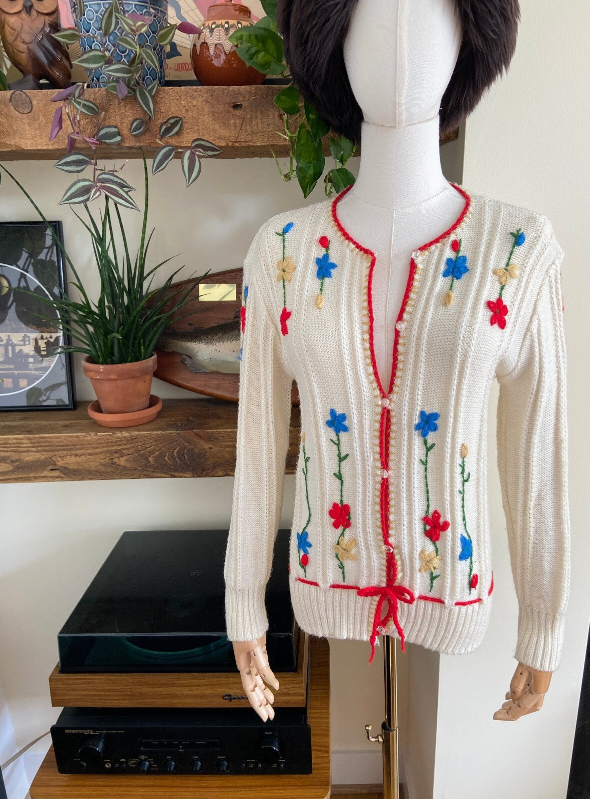 Vintage 1980s Cream Embroidered Folk Cardigan