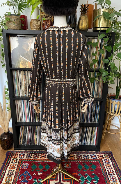 Vintage 1970s Brown Print Belted Dress