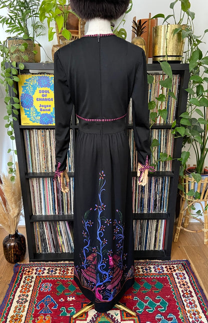 Vintage 1970s Black Folk Print Maxi Dress