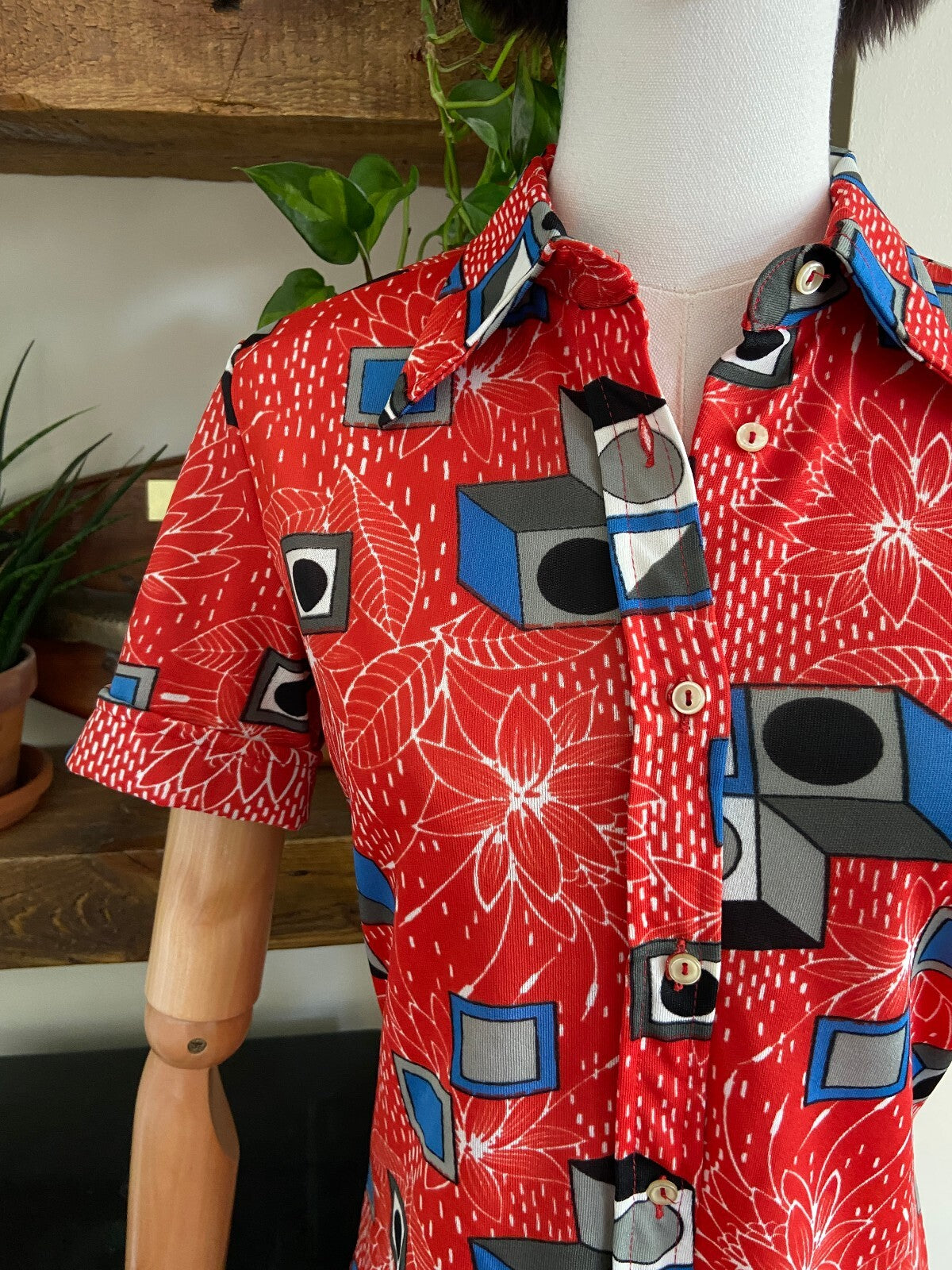 Vintage 1970s Red Geometric Print Shirt