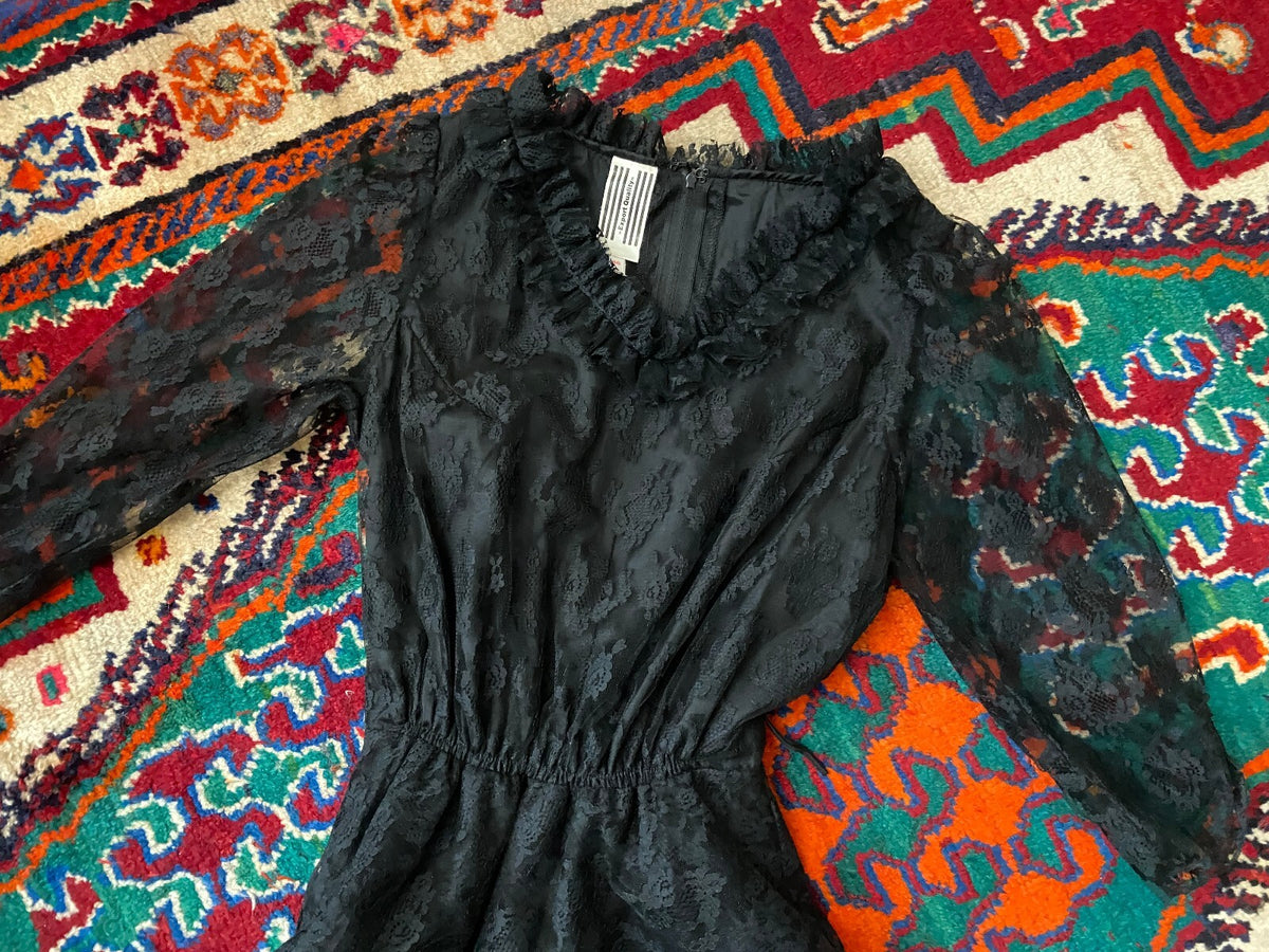 Vintage 1970s Black Lace Gothic Victorian Dress