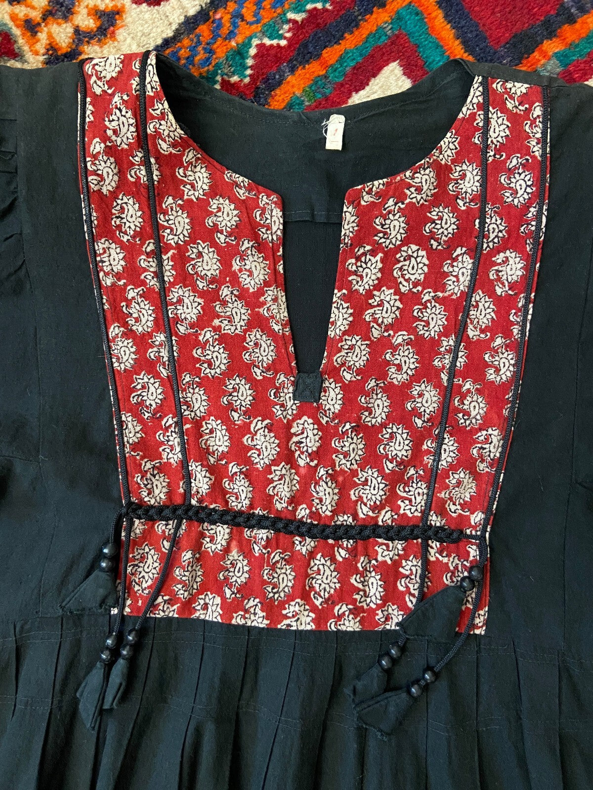 Vintage 1970s Black Indian Cotton Block Print Dress