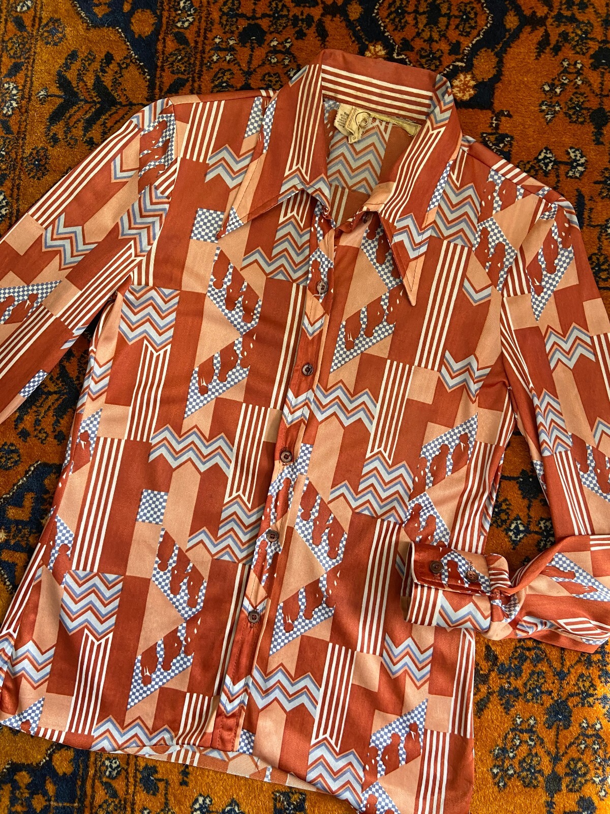 Vintage 1970s Brown Geometric Print Shirt