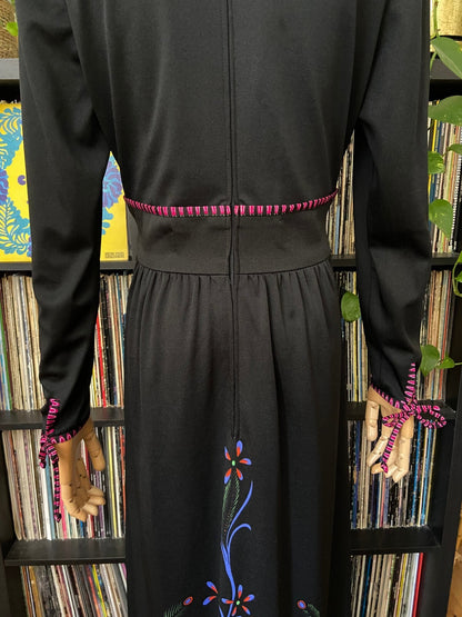 Vintage 1970s Black Folk Print Maxi Dress
