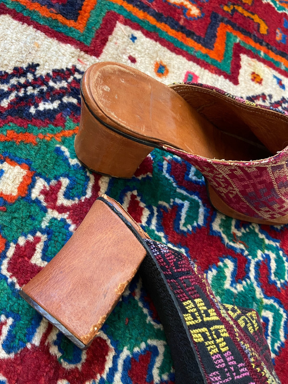 Vintage Rare 1970s Kilim Tapestry Heeled Mules UK 4.5 - 5