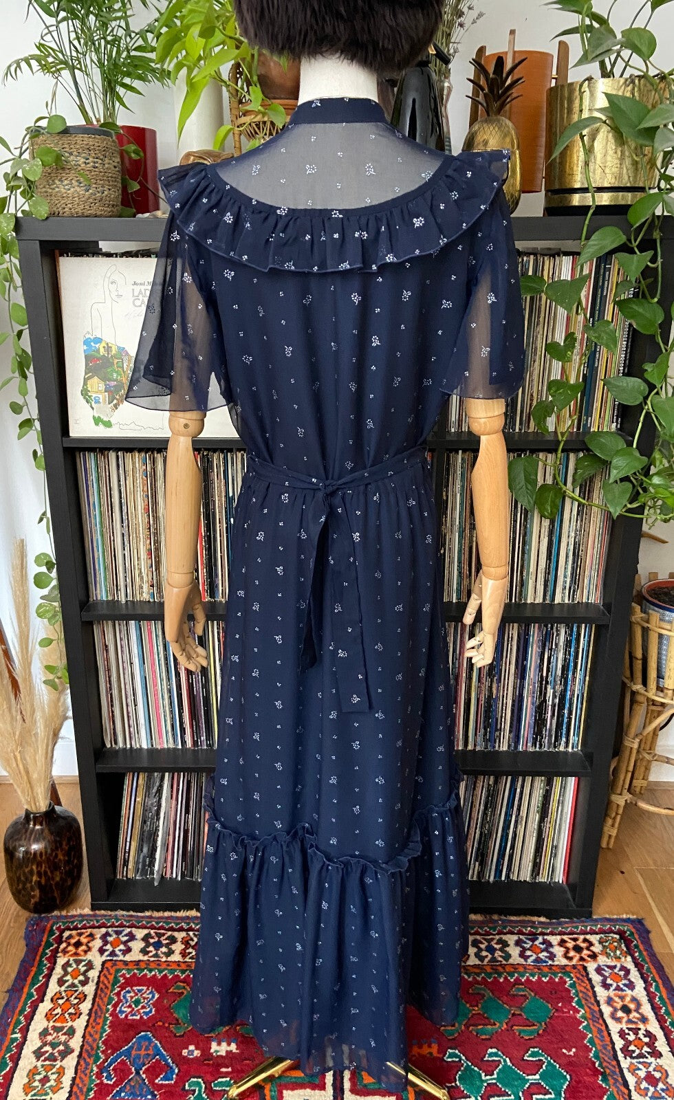 Vintage 1970s Navy & Silver Maxi Prairie Dress