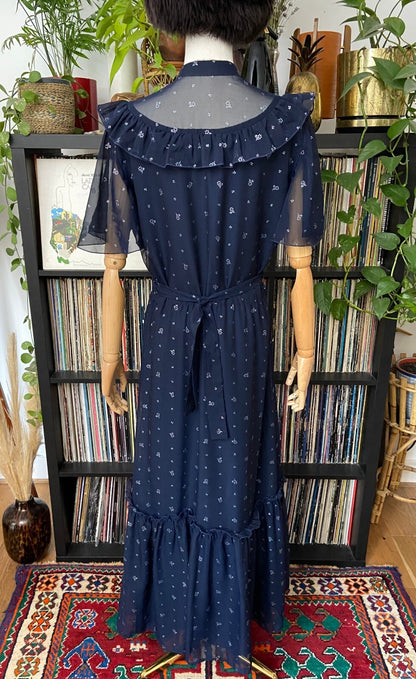 Vintage 1970s Navy & Silver Maxi Prairie Dress