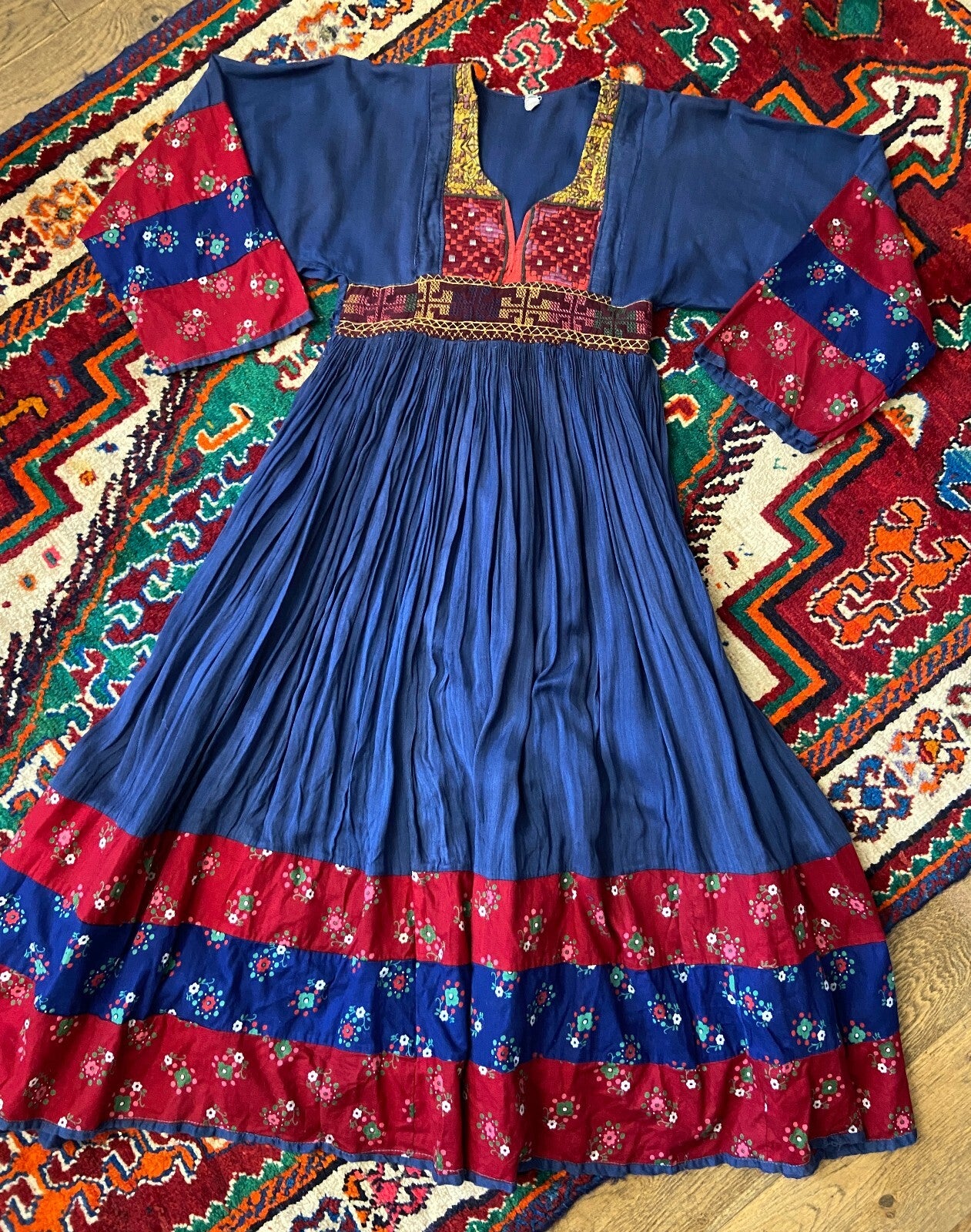 Vintage 1970s Blue Embroidered Afghan Dress