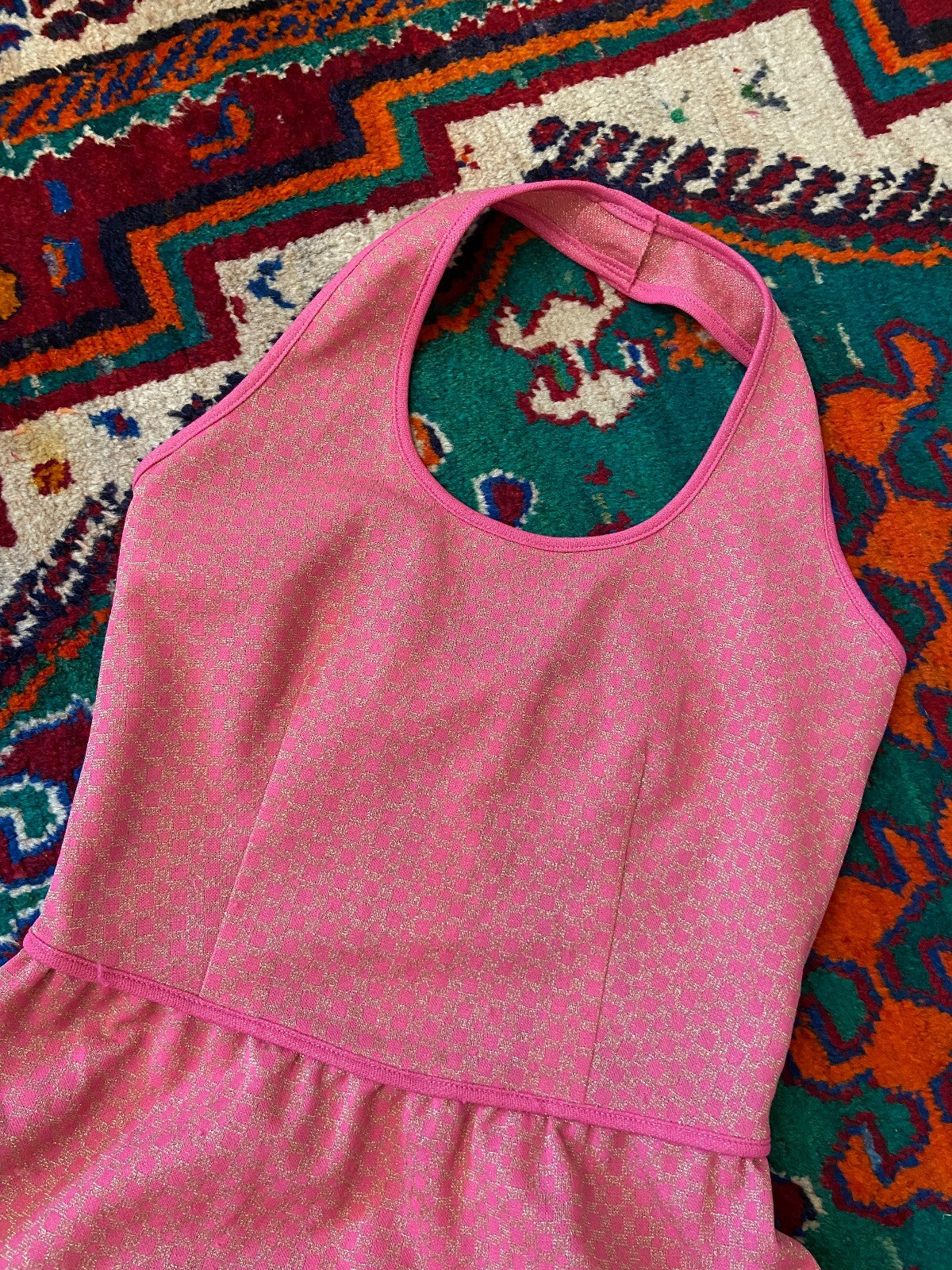 Vintage 1970s Pink & Gold Maxi Halterneck Dress