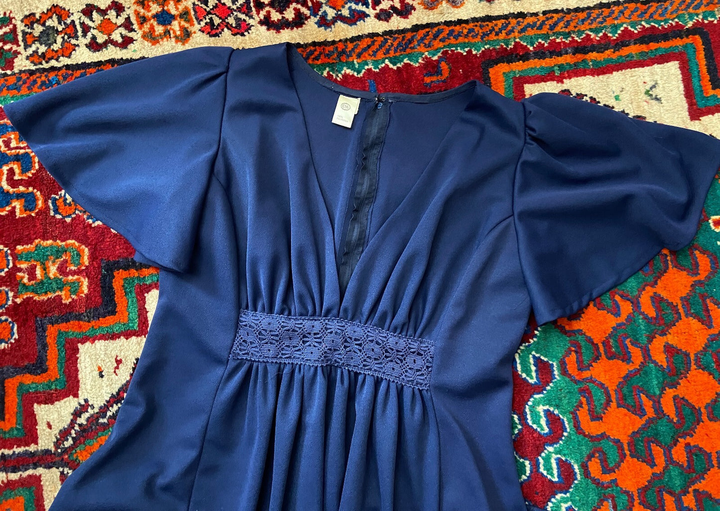 Vintage 1970s Navy Flutter Sleeve C&A Maxi Dress