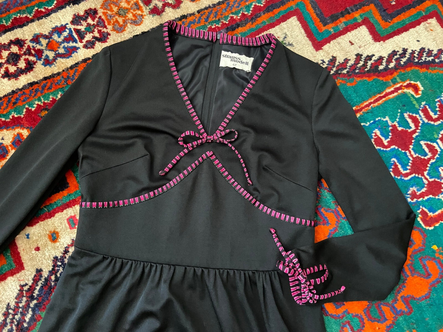 Vintage 1970s Black Folk Print Maxi Dress