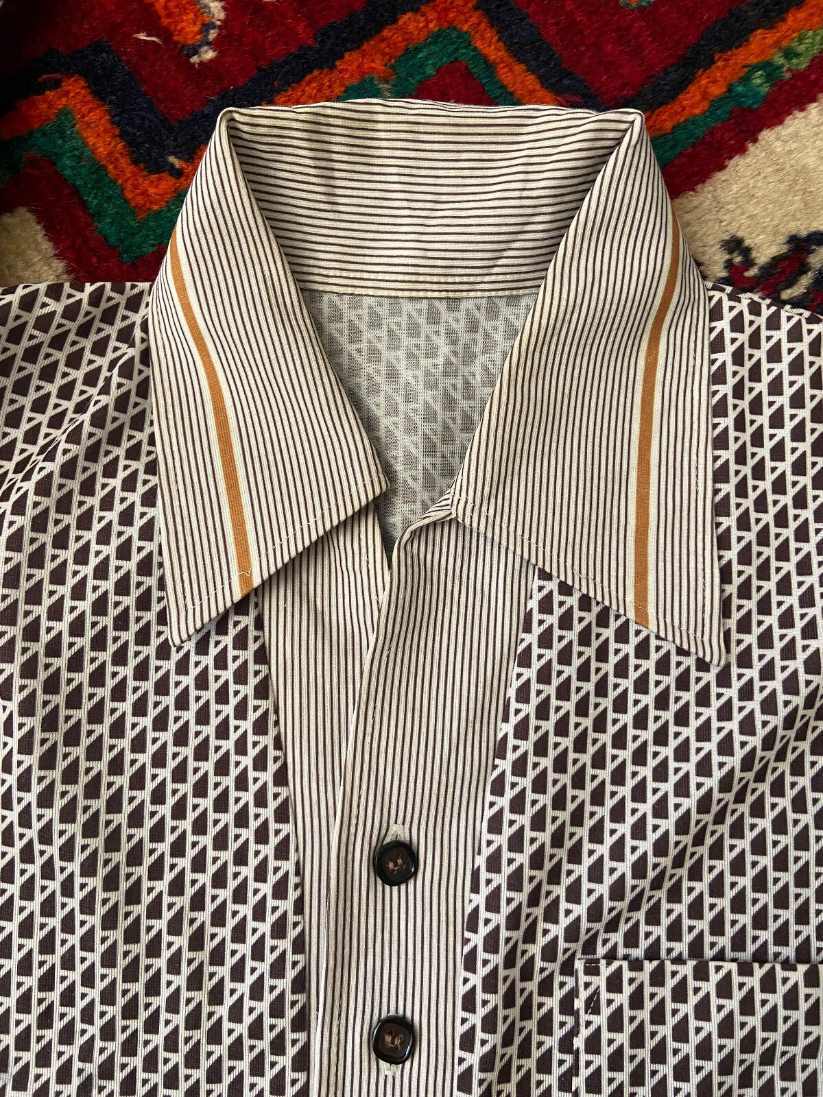 Vintage 1970s Brown Japanese Patterned Jersey Top