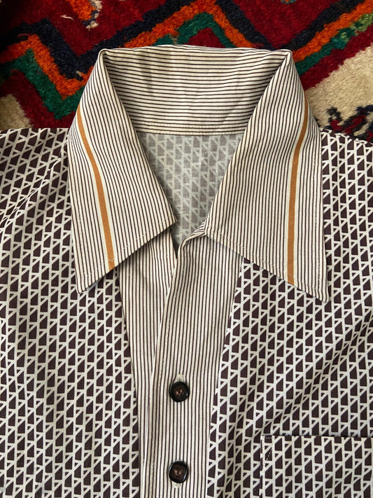 Vintage 1970s Brown Japanese Patterned Jersey Top