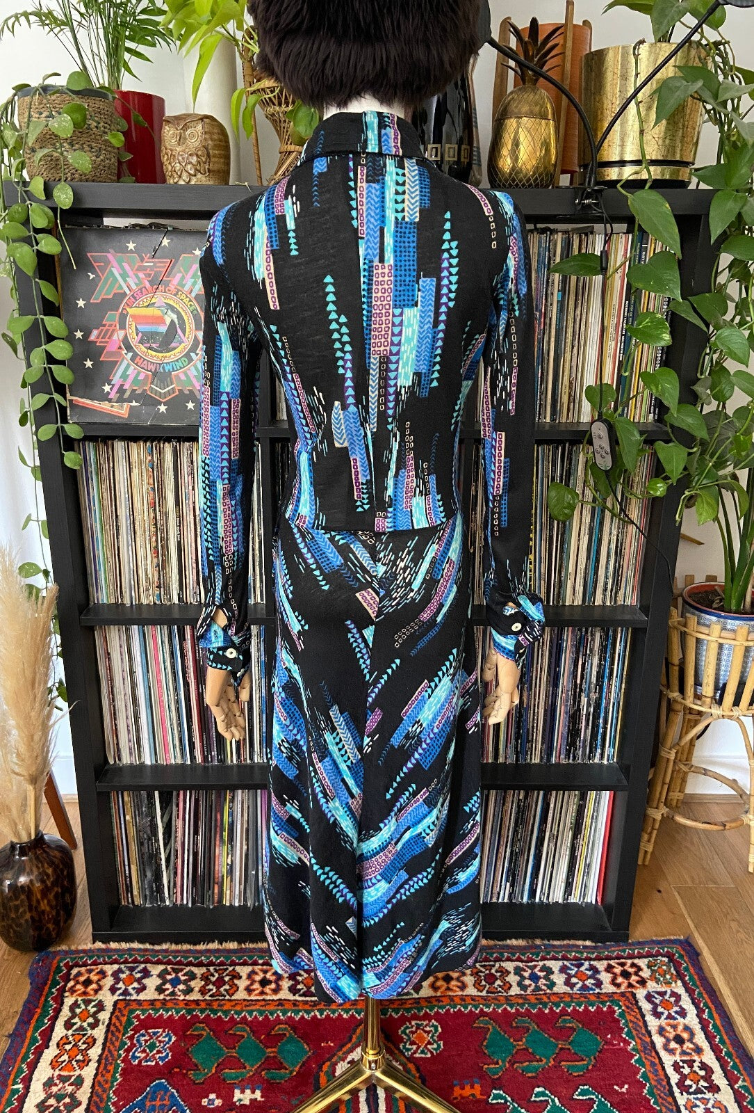 Vintage 1970s Black & Blue Printed Shirt Dress