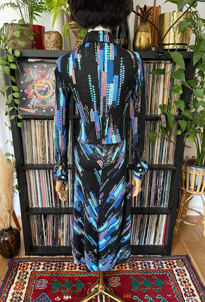 Vintage 1970s Black & Blue Printed Shirt Dress