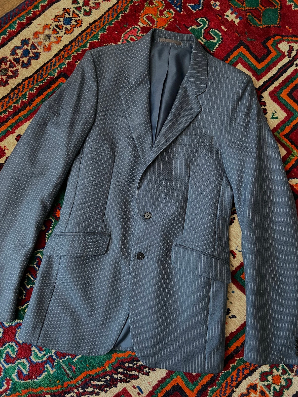 Vintage 1970s Dusty Blue 2 Piece Pinstripe Suit