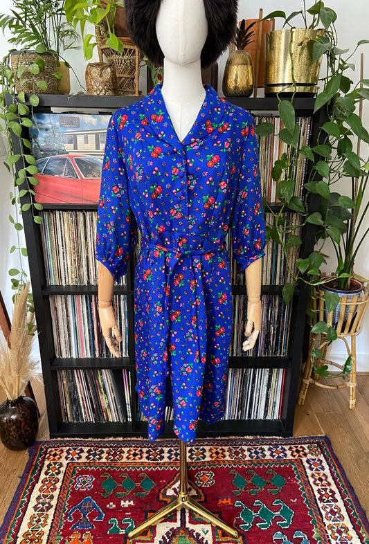 Vintage 1980s Blue Floral Folk Dress