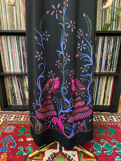 Vintage 1970s Black Folk Print Maxi Dress