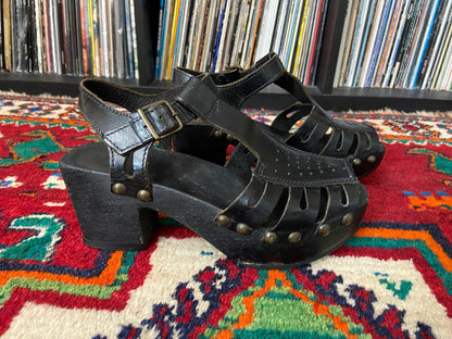 Vintage 1970s Black Studded Clog Sandals UK 3 - 3.5